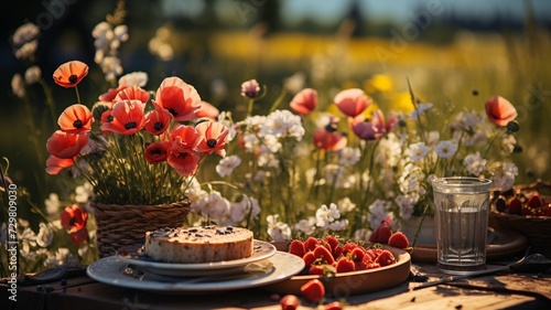 A picnic in a sunlit meadow surrounded by wildflowers  offering a perfect setting for friends and family to enjoy the leisurely days of summer.