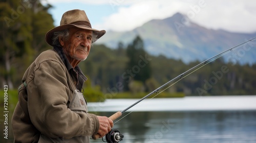 An elderly man from Oceania, with a serene expression and a fishing rod, is fishing on a quiet lake in New Zealand
