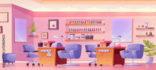 Nail studio or beauty salon with manicure service. Cartoon vector interior of manicurist workplace - chairs near table with lamp, color palette and equipment, nail polish jars on shelf, big mirror.