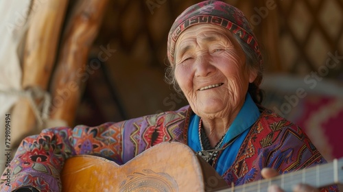 An elderly woman from Central Asia, with a content expression and a traditional instrument, is playing music in a yurt in Kyrgyzstan