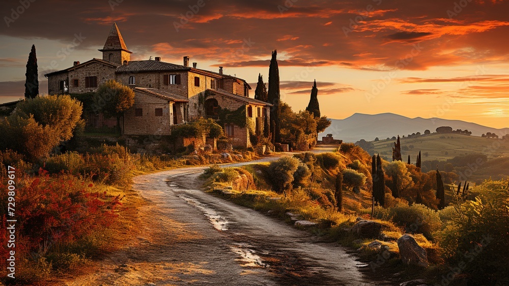 A picturesque countryside at sunset, with the sky ablaze in hues of orange and pink, casting a warm glow over rolling hills and a tranquil village below