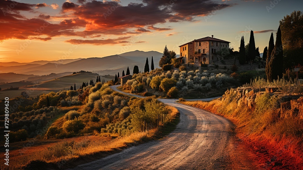A picturesque countryside at sunset, with the sky ablaze in hues of orange and pink, casting a warm glow over rolling hills and a tranquil village below - obrazy, fototapety, plakaty 