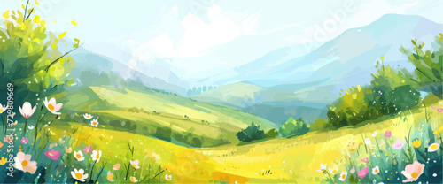 Rural spring landscape with a river and green meadows. Vector watercolor illustration.
