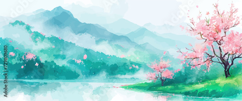 Rural spring landscape with a river and green meadows. Vector watercolor illustration. #729809680