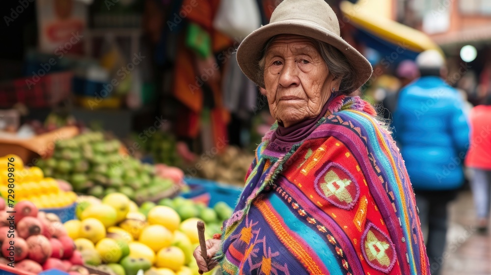 An elderly woman from South America, with a colorful shawl and a walking stick, is selling fruits in a market in Bogota, Colombia
