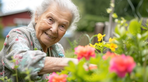 An elderly woman from North America, with a joyful expression and a garden, is tending to her flowers in her backyard in Vancouver, Canada © khoobi's ART