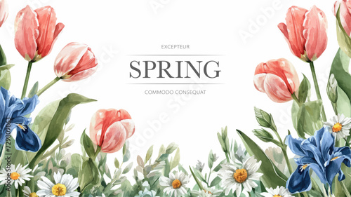 Frame decorated with flowers, tulips for women's day on March 8. Spring celebration