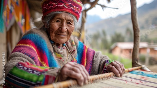 An elderly woman from South America, with a content expression and a loom, is weaving a traditional tapestry in a village in Peru photo