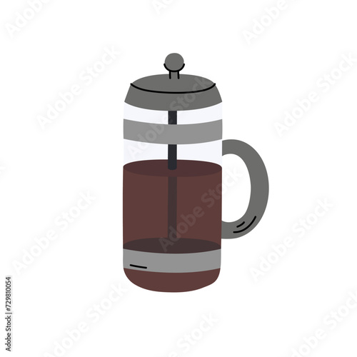 French press coffee maker doodle vector illustration. Cute hand drawn element. Making morning coffee with french press tool, equipment