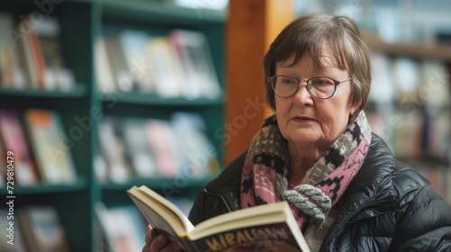 A middle-aged woman from Oceania, with a thoughtful expression and a book, is reading in a library in Wellington, New Zealand
