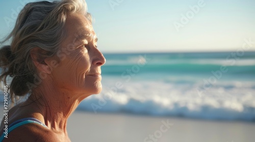 A middle-aged woman from Oceania, with a thoughtful expression and a surfboard, is watching the waves on a beach in Gold Coast, Australia © khoobi's ART