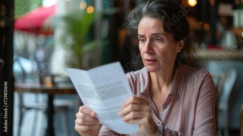 A middle-aged woman from Western Europe, with a surprised expression and a letter in her hand, is reading good news in a café in Paris, France