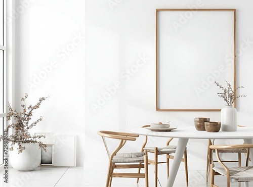 mock up poster frame in white scandinavian dining room  interior background  3D render