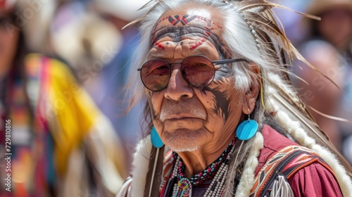 A Native American elder, with long white braids and a weathered face, is performing a traditional dance at a powwow in Arizona,