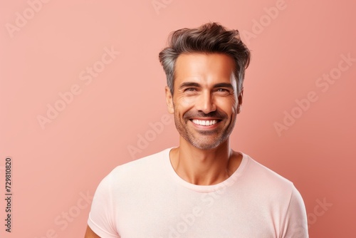 Handsome young man looking at camera and smiling while standing against pink background