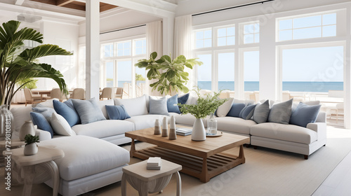 Two knitted poufs near dark blue corner sofa. Scandinavian home interior design of modern living room © HecoPhoto