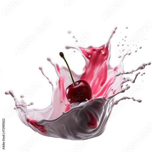 realistic fresh ripe cherries with slices falling inside swirl fluid gestures of milk or yoghurt juice splash png isolated on a white background with clipping path. selective focus