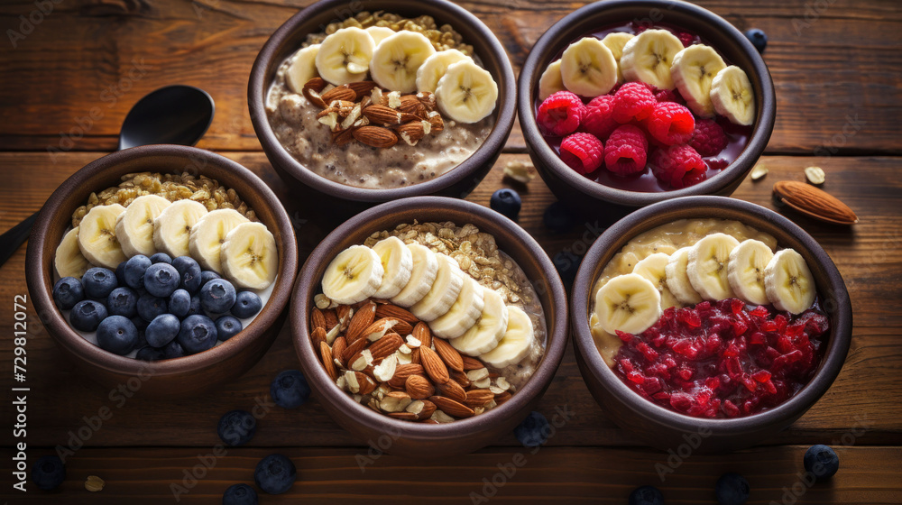 Assortment of healthy breakfast bowls with fruits, nuts, and oats on a wooden table. Assortment of healthy breakfast bowls with fruits, nuts, and oats on a wooden table.