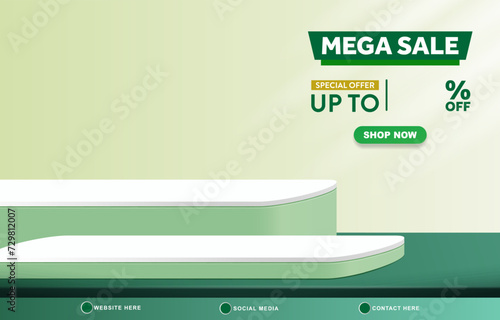 mega sale discount template banner with copy space 3d podium for product sale with abstract gradient green background design