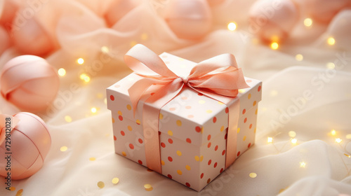 Gift box with peach ribbon on a soft fabric background with glowing lights. © Liana