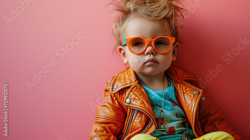 Toddler in orange jacket and sunglasses posing with attitude against a pink background.
