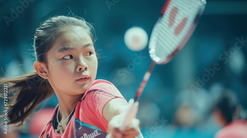 A teenage girl from Southeast Asia, with a focused expression and a badminton racket, is playing in a tournament in Jakarta, Indonesia