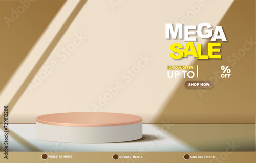 mega sale discount template banner with copy space 3d podium for product sale with abstract gradient brown and white background design