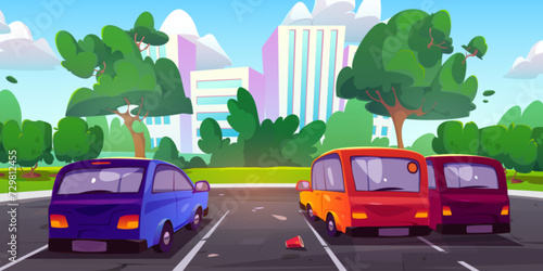 Cars on parking lot in summer city. Vector cartoon illustration of modern cityscape with skyscrapers, sunny park with green lawn, trees, bushes, clouds in blue sky, urban housing buildings and autos