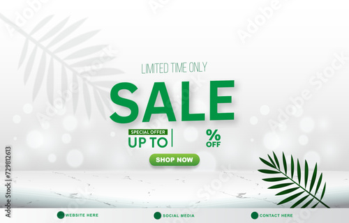 limited sale discount template banner with copy space 3d podium for product sale with abstract gradient white and green background design