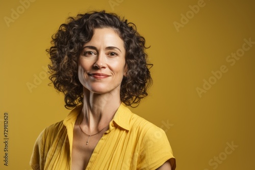 Portrait of smiling woman with curly hair, isolated on yellow background © Inigo