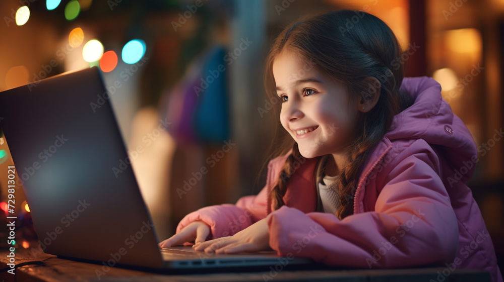 Cute girl playing game on laptop at home Cute girl playing game on laptop at home
