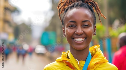 A young African woman, with a look of accomplishment and a medal, is celebrating her win in a marathon in Addis Ababa, Ethiopia photo