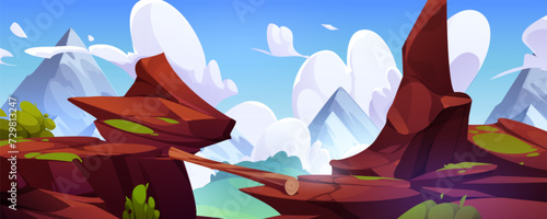 Wooden log used as bridge between two edges of rock cliff over chasm. Cartoon vector summer landscape with danger road over high gap. Makeshift footbridge lying on sides of abyss on sunny day.