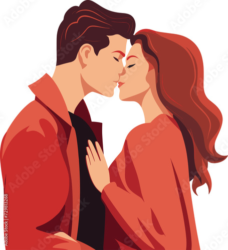 Minimalist charming cute couple looking in love at each other, hugging and kissing. Valentine vibes.