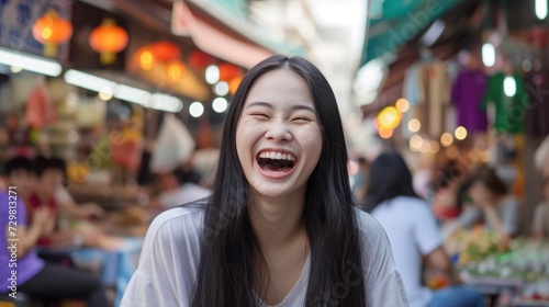 A young Asian woman in her early 20s, with long black hair and almond-shaped eyes, is laughing heartily while sitting in a bustling street market in Bangkok