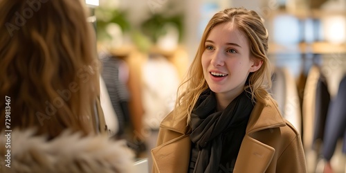 Young woman engaging in conversation at a clothing store. casual and candid lifestyle moment captured. ideal for advertising. AI