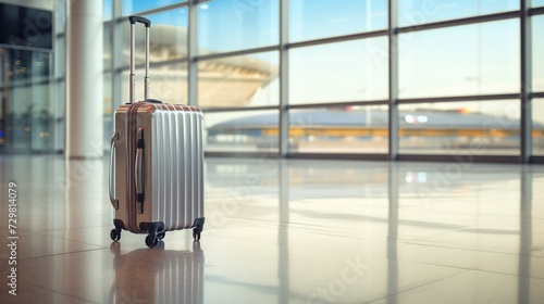 a suitcase in an empty airport waiting room, travel bags in the departure terminal, in the waiting area, vacation concept, travel, place for text