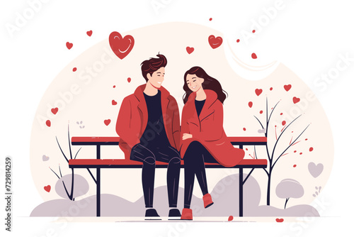 valentines day cute couple sitting on the bench and looking each other in love vector illustration