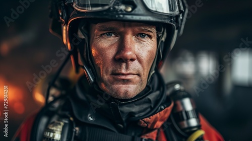 Close-Up Portrait of a Firefighter in Protective Gear Holding a Helmet, with a Blurred Fire Truck in the Background