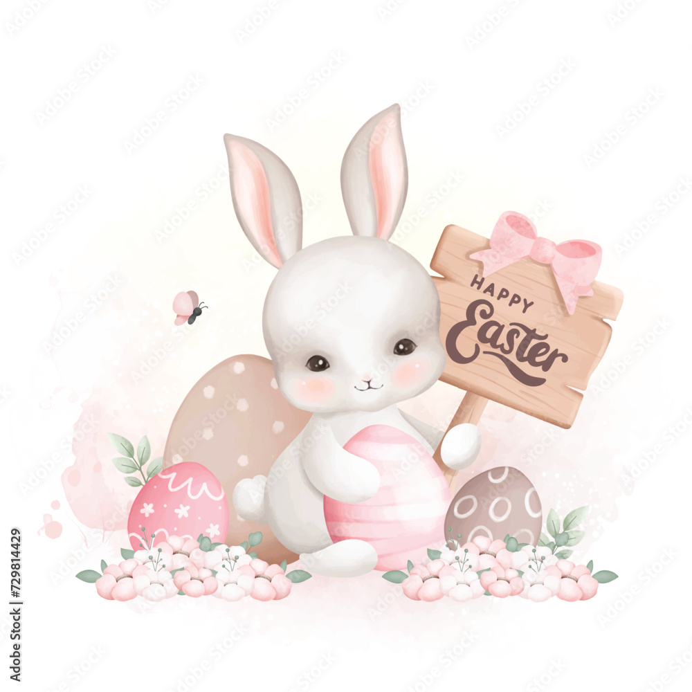 Fototapeta premium Watercolor Illustration White Rabbit with Easter Eggs at the Garden full of Flowers