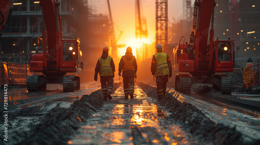 Fototapeta premium Construction Workers Walking at Sunrise