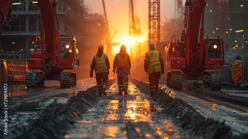 Construction Workers Walking at Sunrise