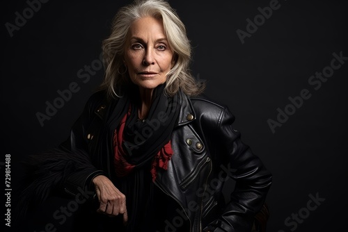 Portrait of a beautiful senior woman in a leather jacket on a dark background