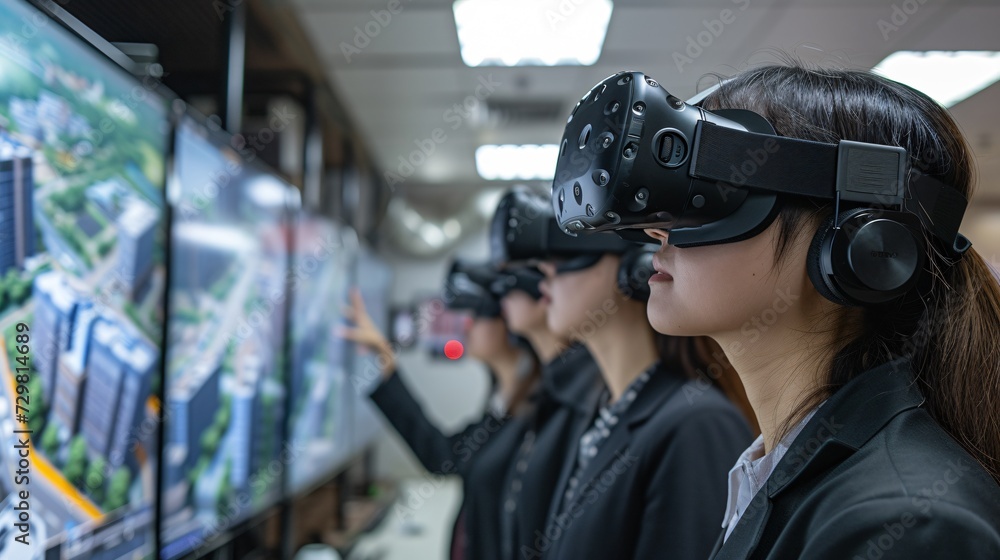 Obraz premium Using virtual reality technology, civil engineers employ it to visualize and design complex infrastructure projects in urban environments.