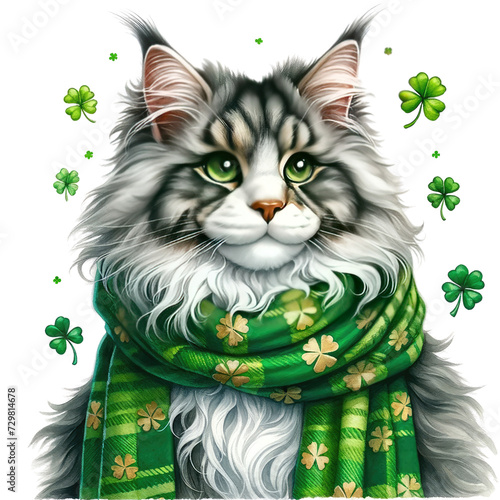 saint patrick's cat Maine Coon cat in St. Patrick's Day theme, transparent background