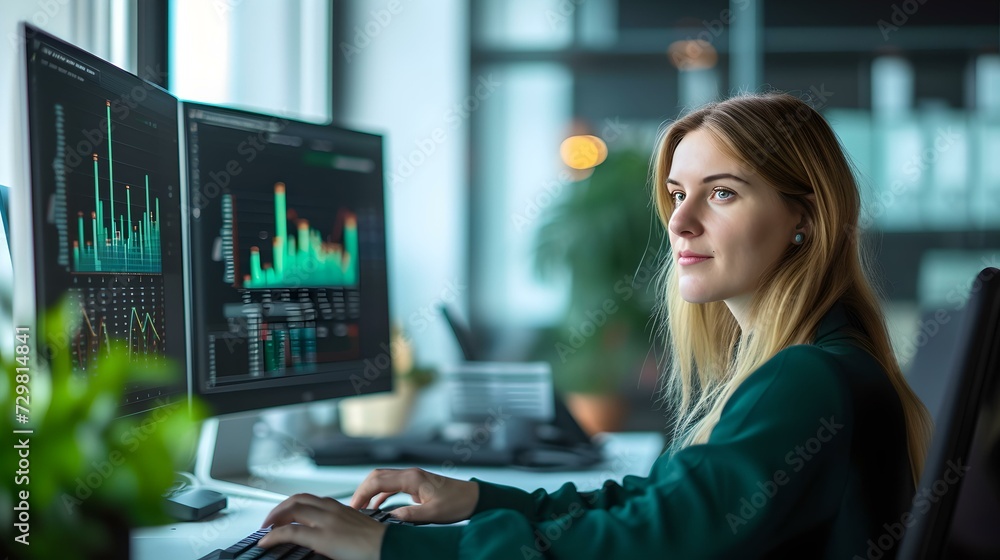 Professional woman analyzing data on computer screens in a modern ...
