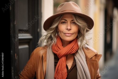Portrait of a beautiful middle-aged woman in a hat and scarf