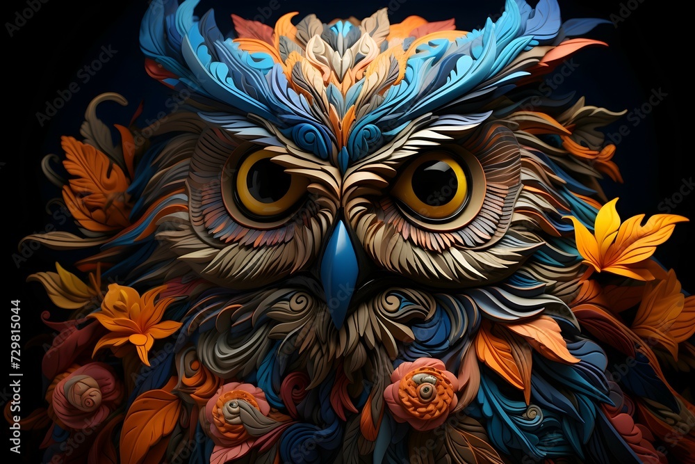 Vibrant owl on black background. Generative AI.