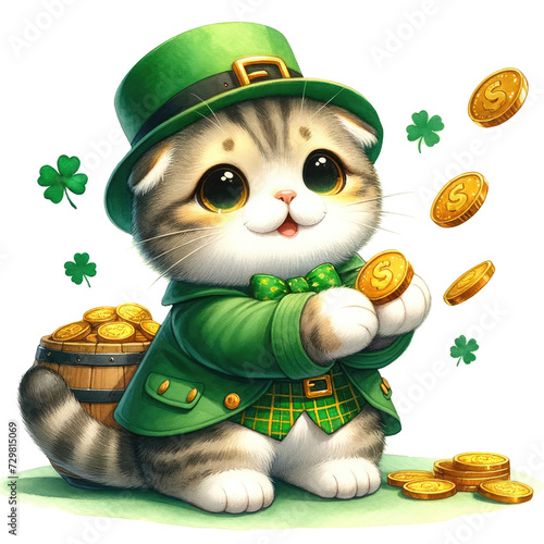 Scottish Fold dressed in a St. Patrick's theme and holding a large bag of gold coins. Pretending to share gold coins photo