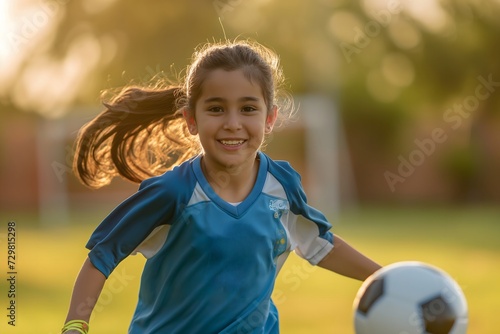 Girl with brown hair chasing a football
